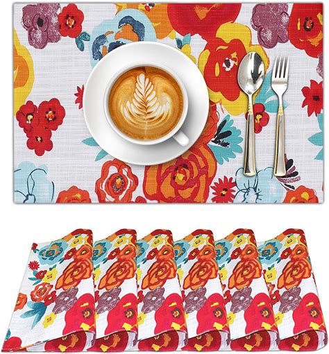 Ruvanti Placemats for Dinning Table. 100% Cotton Woven 13x19 Inch Place mats Set of 6, Red & Fall Multi Stripe Woven Table Mats. Farmhouse Spring Cloth Tablemats for Christmas / Thanksgiving Dinners.